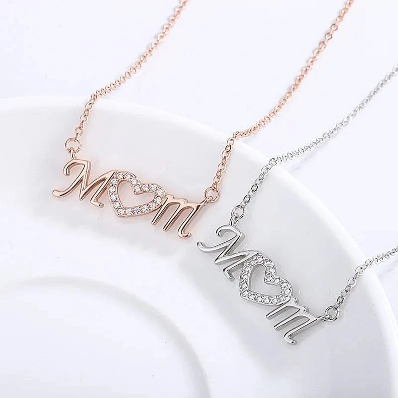 MD04 Mothers Day Gift Minimalism Jewelry Heart Inlaid Zirconia Mom Letter Pendant 925 Silver Necklace For Women Mama Birthday