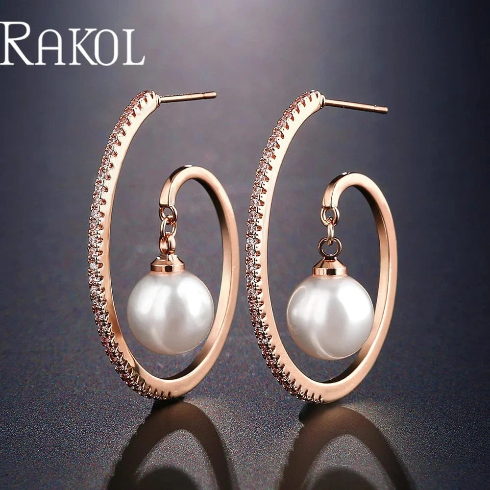 MEDIUM / EP2837 -Rose gold RAKOL EP2916-M Ladies' new fashion shining crystal CC custom gold plated stainless steel hoop earrings
