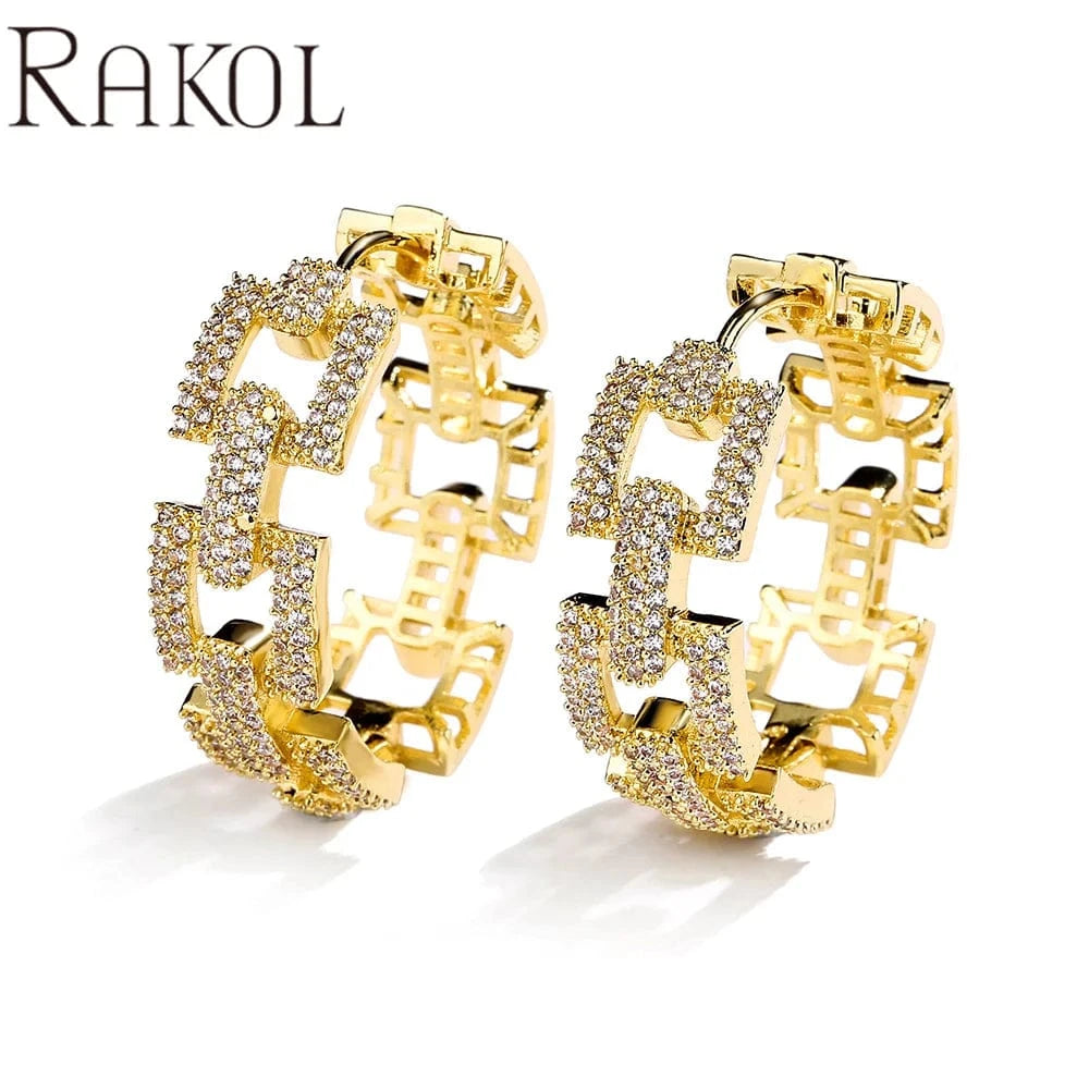MEDIUM / EP2915 - gold RAKOL EP2916-M Ladies' new fashion shining crystal CC custom gold plated stainless steel hoop earrings