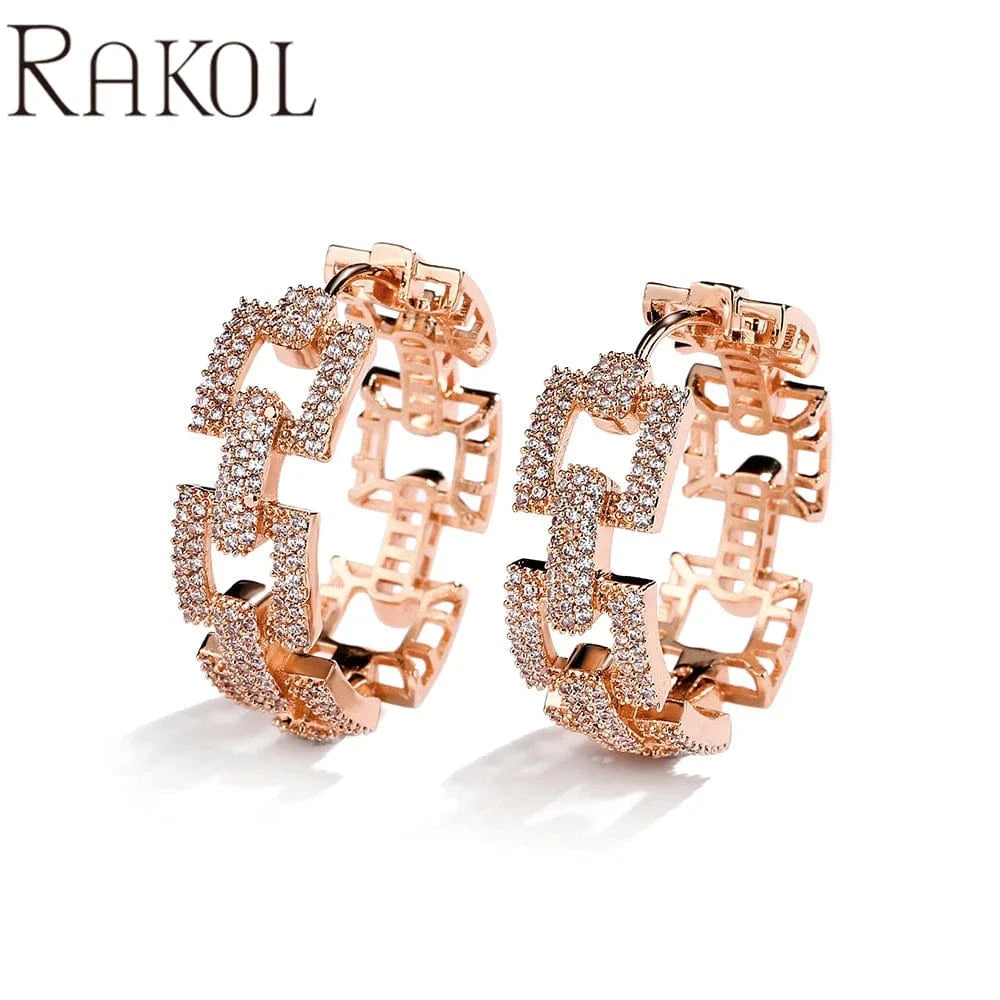 MEDIUM / EP2915 -Rose gold RAKOL EP2916-M Ladies' new fashion shining crystal CC custom gold plated stainless steel hoop earrings