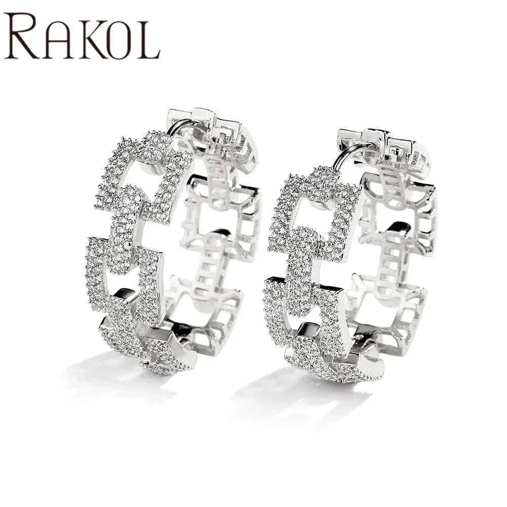 MEDIUM / EP2915 -silver RAKOL EP2916-M Ladies' new fashion shining crystal CC custom gold plated stainless steel hoop earrings