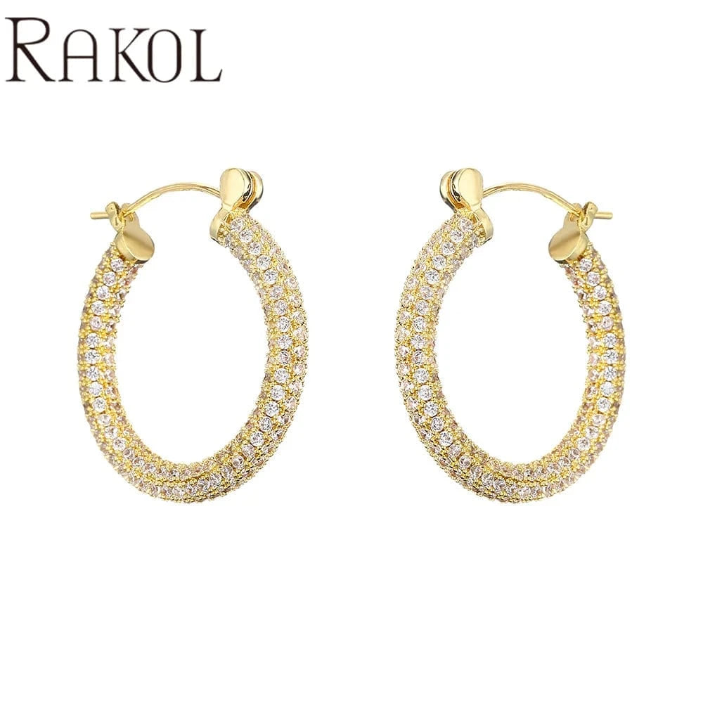 MEDIUM / EP2916L - gold RAKOL EP2916-M Ladies' new fashion shining crystal CC custom gold plated stainless steel hoop earrings
