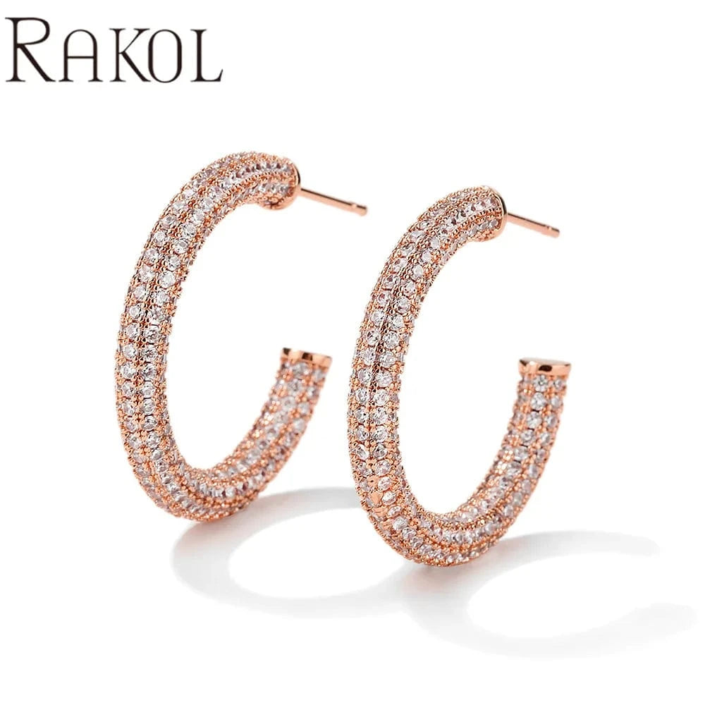 MEDIUM / EP2945-Rose gold RAKOL EP2916-M Ladies' new fashion shining crystal CC custom gold plated stainless steel hoop earrings