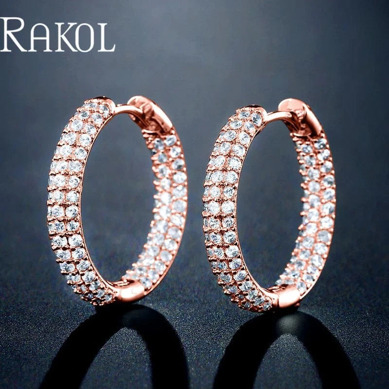 MEDIUM / EP3012 -Rose gold RAKOL EP2916-M Ladies' new fashion shining crystal CC custom gold plated stainless steel hoop earrings