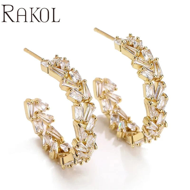 MEDIUM / EP5253 - gold RAKOL EP2916-M Ladies' new fashion shining crystal CC custom gold plated stainless steel hoop earrings