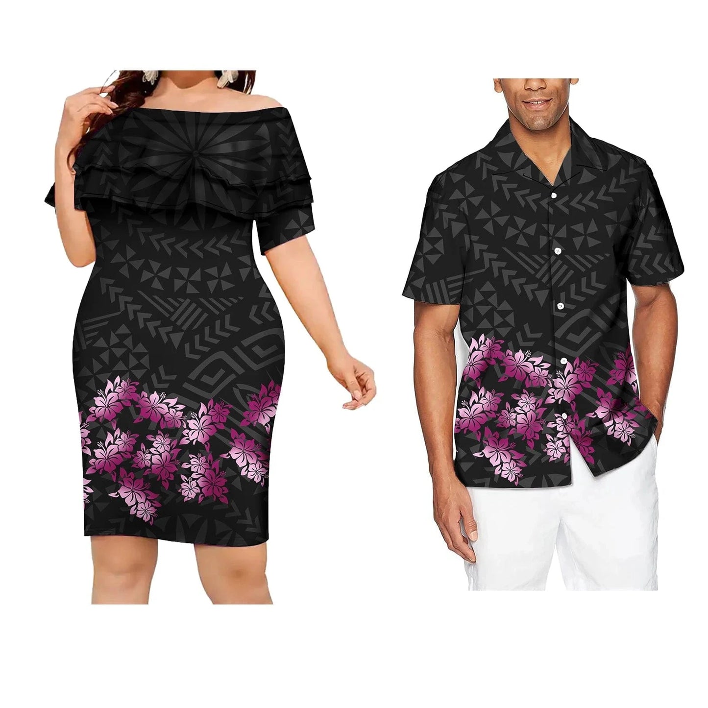 Men-3XL / 0452J Couple Outfit Polynesian Samoan Puletasi Evening Dresses Women Custom Hawaiian Dress Beachwear Shirt