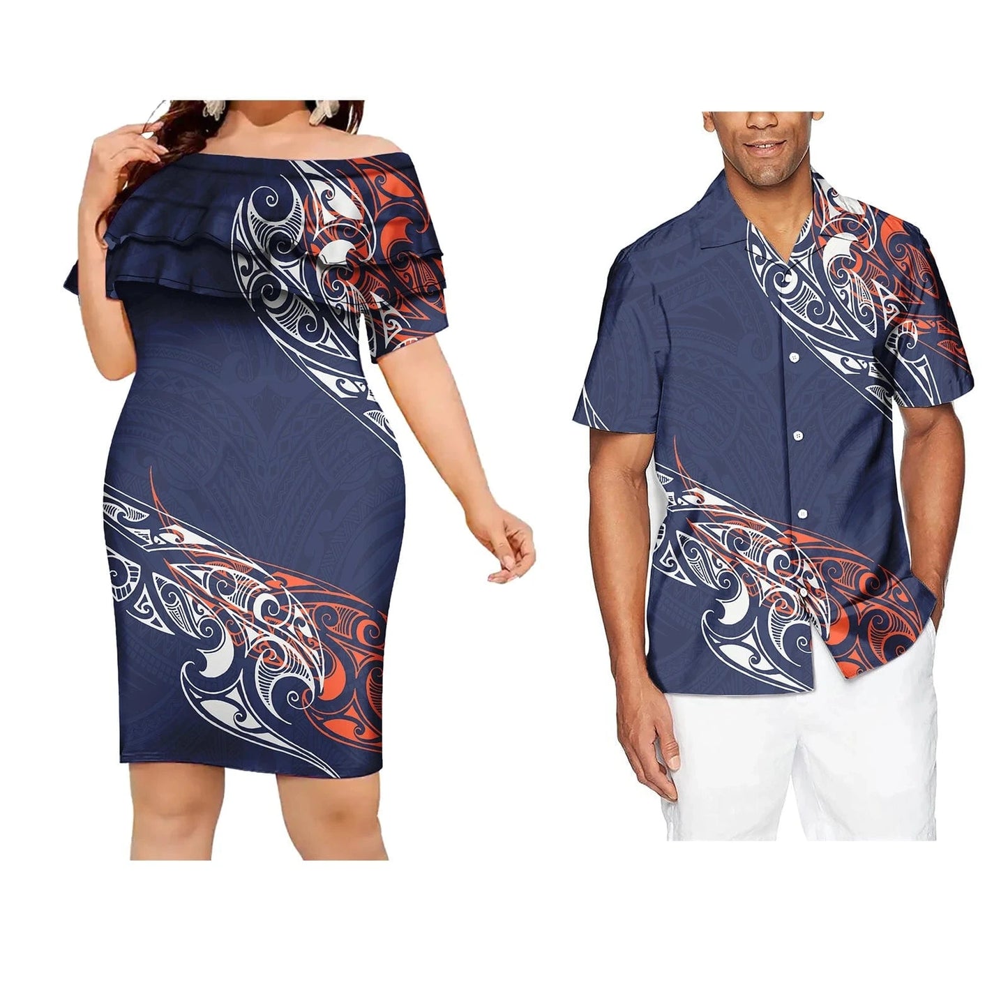 Men-M / 0466J Couple Outfit Polynesian Samoan Puletasi Evening Dresses Women Custom Hawaiian Dress Beachwear Shirt
