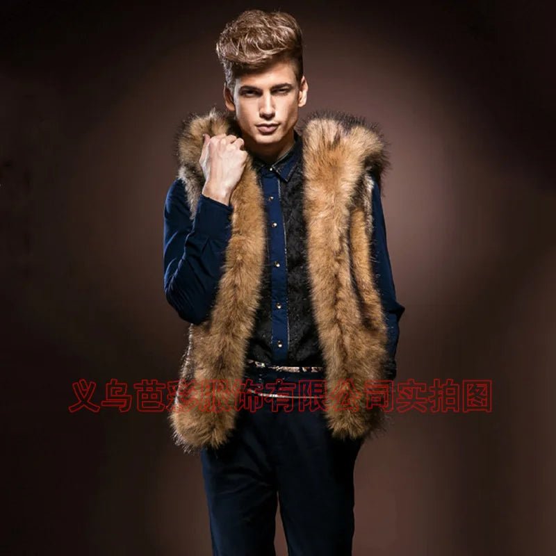 Men’s Faux Fur Vest + Sleeveless Hooded Outerwear, Thick Warm Fabric + Casual Slim Style - SN Wigs & More