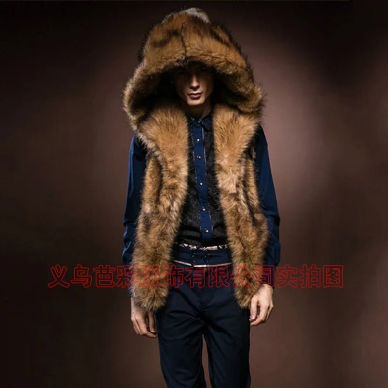 Men’s Faux Fur Vest + Sleeveless Hooded Outerwear, Thick Warm Fabric + Casual Slim Style - SN Wigs & More