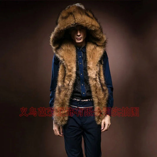 Men’s Faux Fur Vest + Sleeveless Hooded Outerwear, Thick Warm Fabric + Casual Slim Style - SN Wigs & More