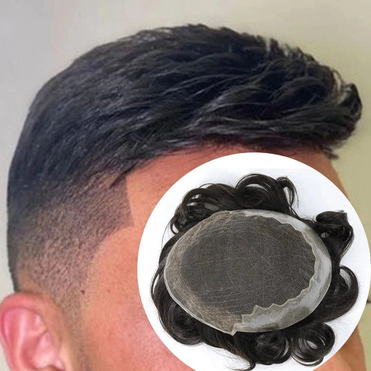 Mens hairpieces Toupee Wig Hairpiece Q6 Swiss Lace with PU sides and back Human Hair Toupees system
