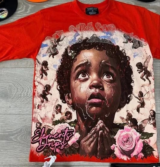 Mens Womens Red Graphic T-Shirt with Angel Prayer Print Short Sleeve Streetwear Summer Casual Tee Trendy Urban Style Hip Hop