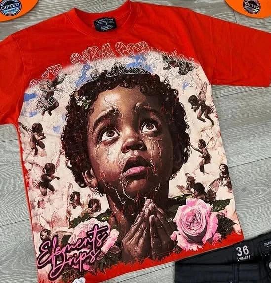 Mens Womens Red Graphic T-Shirt with Angel Prayer Print Short Sleeve Streetwear Summer Casual Tee Trendy Urban Style Hip Hop