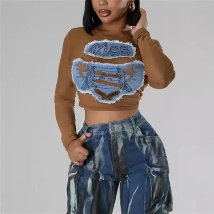 Mesh Applique Denim Y2K T-Shirts Women Hipster Sexy O-Neck Long Sleeve Slim Crop Tops 2024 Summer Graphic Tees