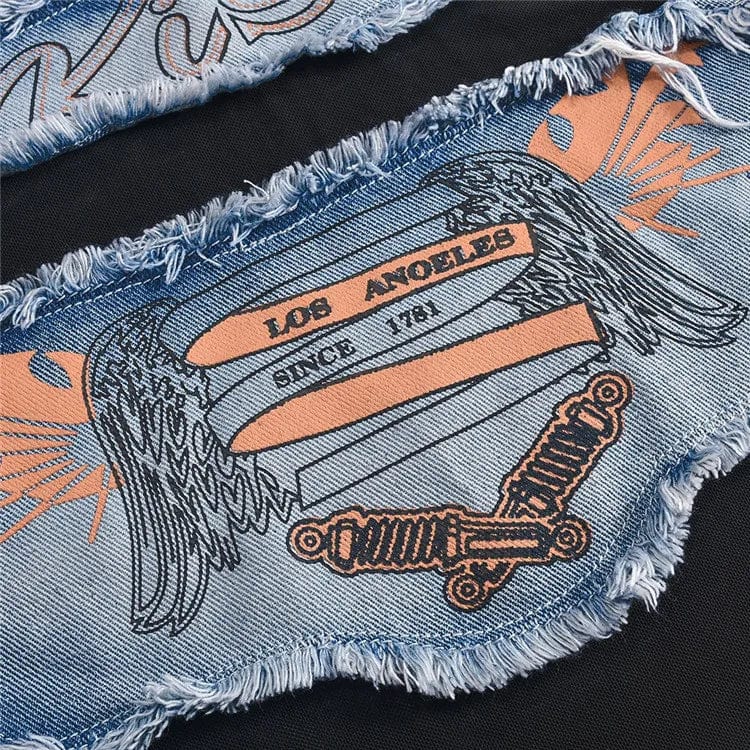 Mesh Applique Denim Y2K T-Shirts Women Hipster Sexy O-Neck Long Sleeve Slim Crop Tops 2024 Summer Graphic Tees