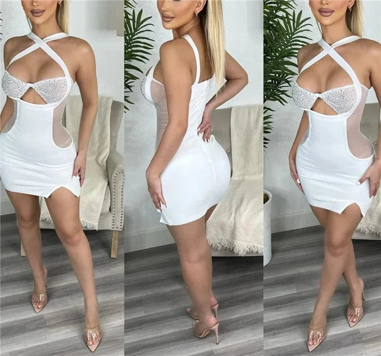 Mesh Crystal Mini Dress Corss Halter Neck Rhinestone Party Dress Outfits