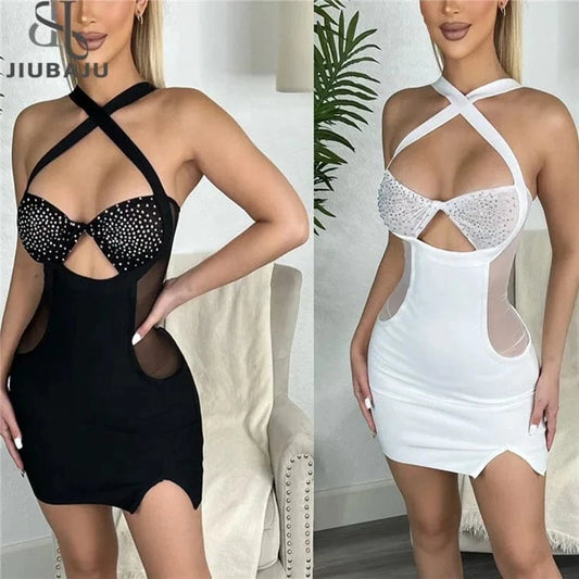 Mesh Crystal Mini Dress Corss Halter Neck Rhinestone Party Dress Outfits
