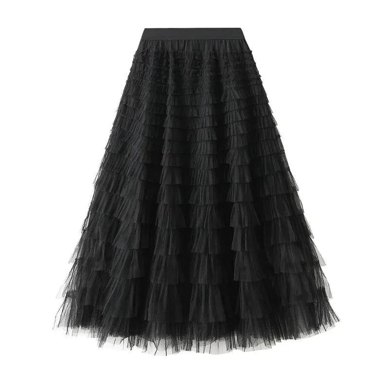 Mesh Ruffled Temperament  Women Skirt  Spring Summer Autumn New Fashion  Long  Thin Casual Daily Cake Skirt