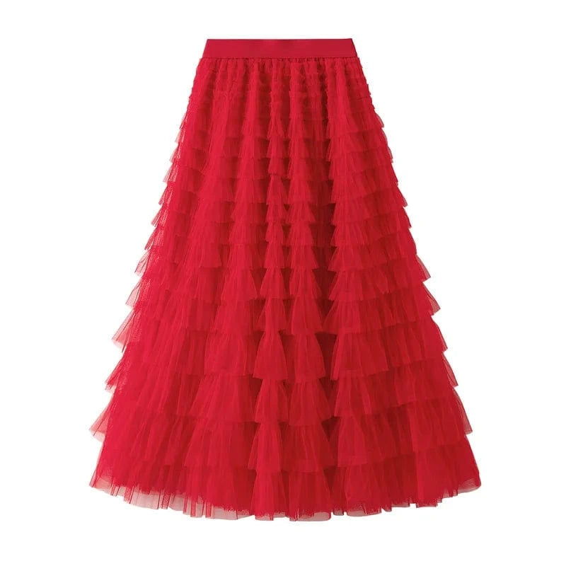 Mesh Ruffled Temperament  Women Skirt  Spring Summer Autumn New Fashion  Long  Thin Casual Daily Cake Skirt