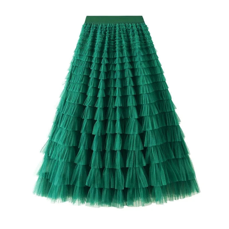 Mesh Ruffled Temperament  Women Skirt  Spring Summer Autumn New Fashion  Long  Thin Casual Daily Cake Skirt