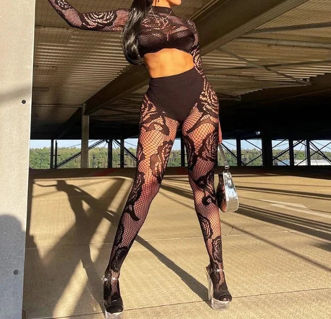 Mesh Sheer Two Piece Set Women Clothes 2024 Long Sleeve Crop Top Sexy Club Black See Through Legging Pants Set