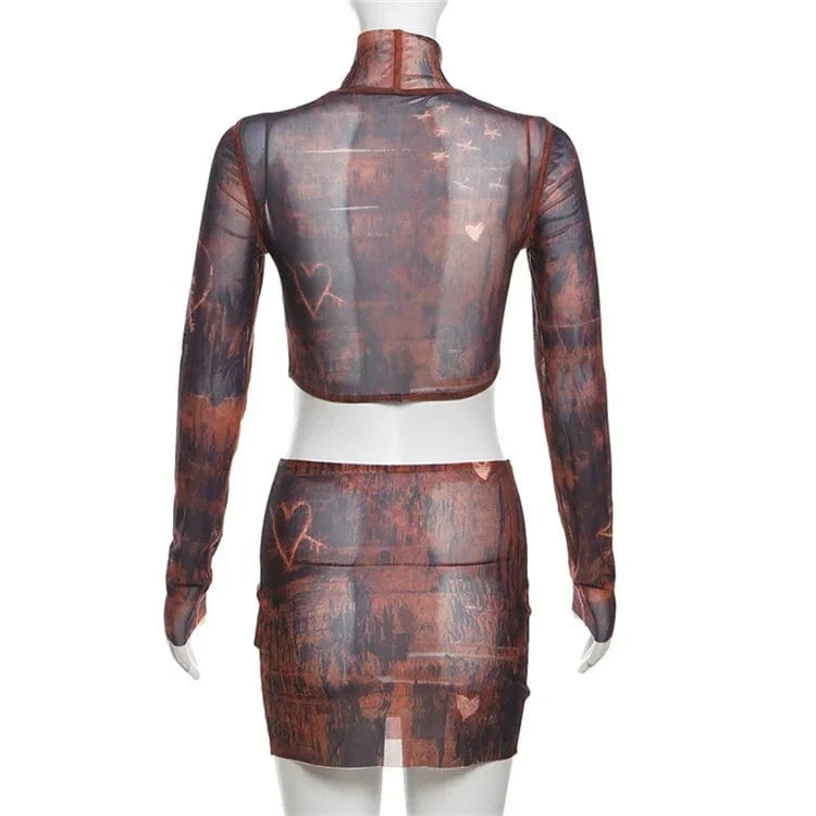 Mesh Vintage Print 2 Piece Set Women Trend Sheer Long Sleeve O-neck Crop Tops+High Waist Mini Skirt