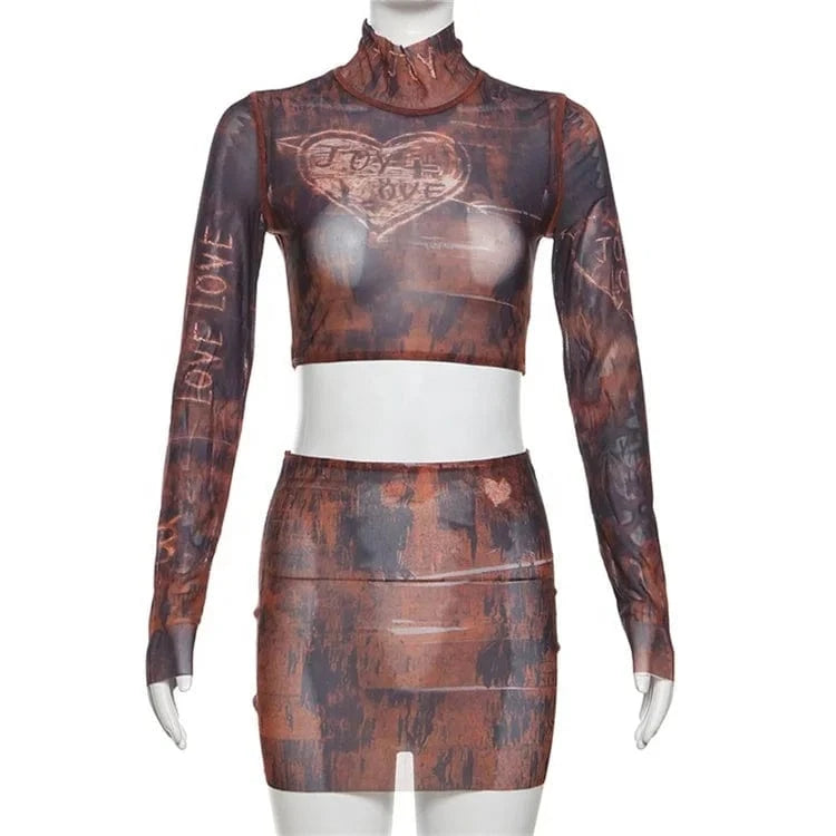 Mesh Vintage Print 2 Piece Set Women Trend Sheer Long Sleeve O-neck Crop Tops+High Waist Mini Skirt