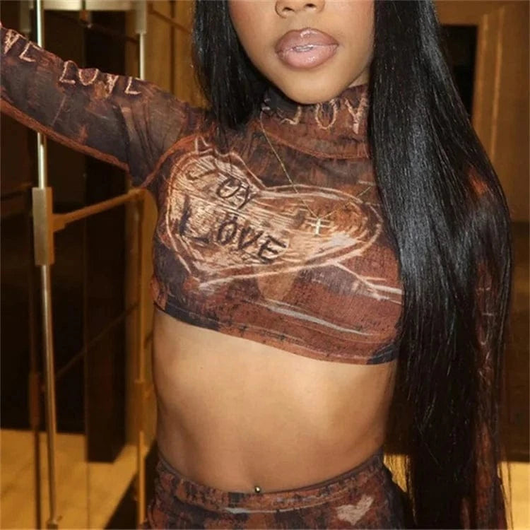 Mesh Vintage Print 2 Piece Set Women Trend Sheer Long Sleeve O-neck Crop Tops+High Waist Mini Skirt