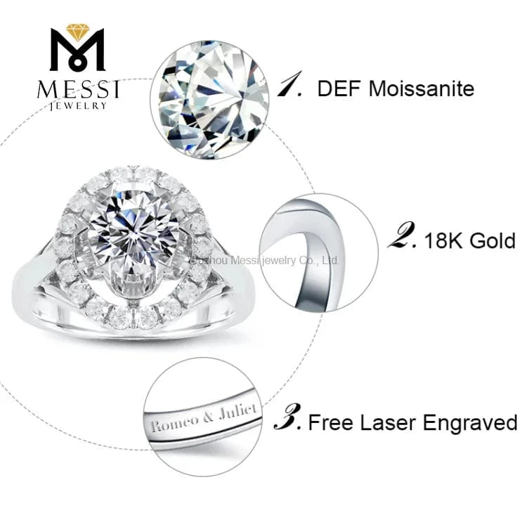Messi Gems wholesale price gold filled jewelry Hola diamond 18k white gold 6.5mm 1ct moissanite ring for women