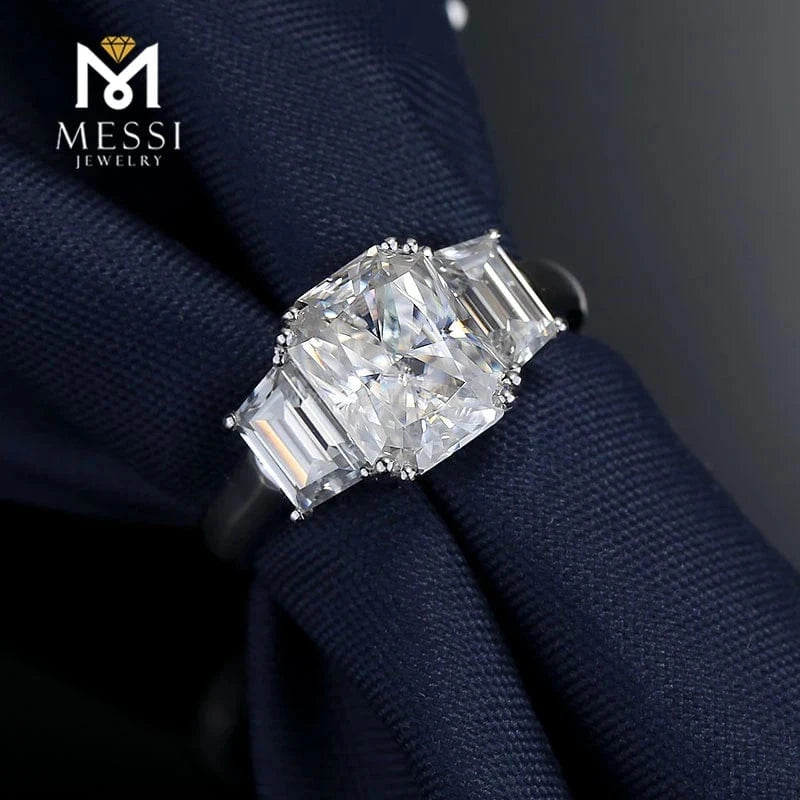 Messi Jewelry 14k/18K white gold 2ct Three stone ring Octagon moissanite ring for women