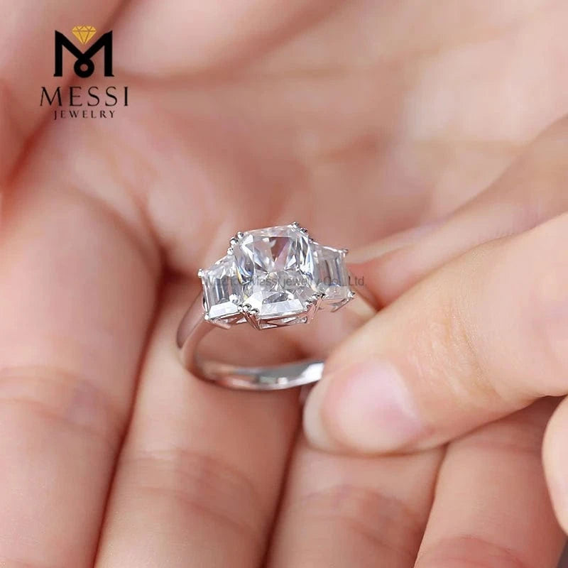 Messi Jewelry 14k/18K white gold 2ct Three stone ring Octagon moissanite ring for women