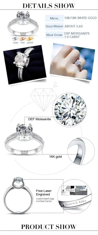 Messi Jewelry 14k white gold  round moissanite rings for women wedding jewelry