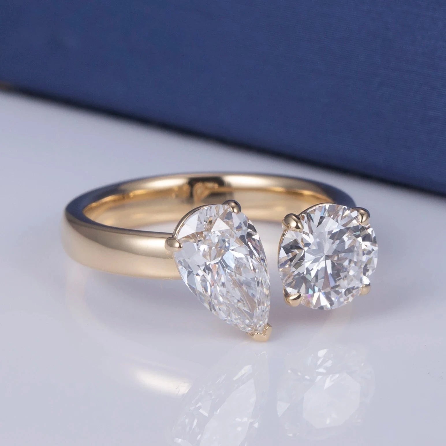Messi Jewelry 1ct Pear 1ct Round Toi et Moi Ring 18k yellow gold  lab diamond women Jewelry Ring Vintage Style