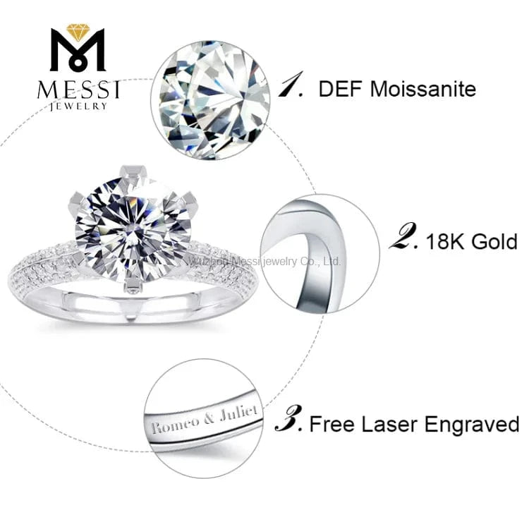 Messi Jewelry 2ct Moissanite Engagement Ring For Women Wedding Jewelry White Gold Rings