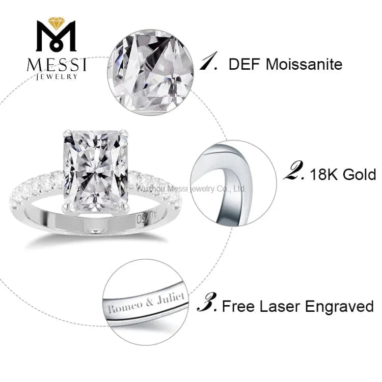 Messi jewelry 3Ct DEF color Emerald cut lab grow diamond synthetic moissanite ring