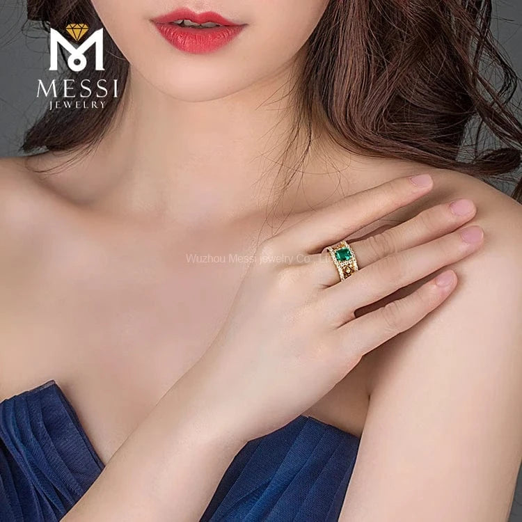 Messi Jewelry Luxury Classical Hollow 18K/14K Yellow Gold Jewelry Emerald ring for Thailand