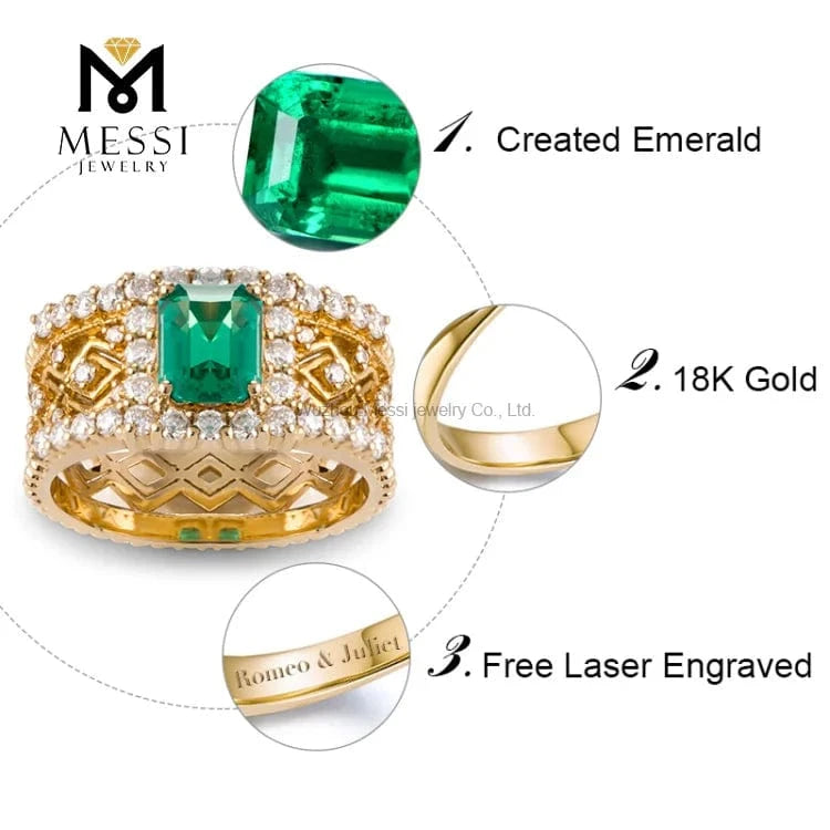 Messi Jewelry Luxury Classical Hollow 18K/14K Yellow Gold Jewelry Emerald ring for Thailand