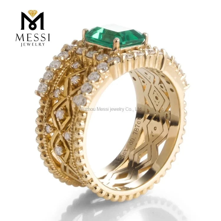 Messi Jewelry Luxury Classical Hollow 18K/14K Yellow Gold Jewelry Emerald ring for Thailand