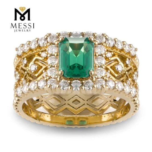 Messi Jewelry Luxury Classical Hollow 18K/14K Yellow Gold Jewelry Emerald ring for Thailand