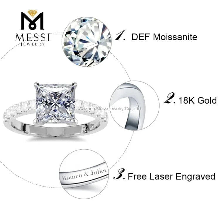 Messi Jewelry princess cut moissanite diamond ring for wedding engagement woman 14k 18k white gold ring jewelry