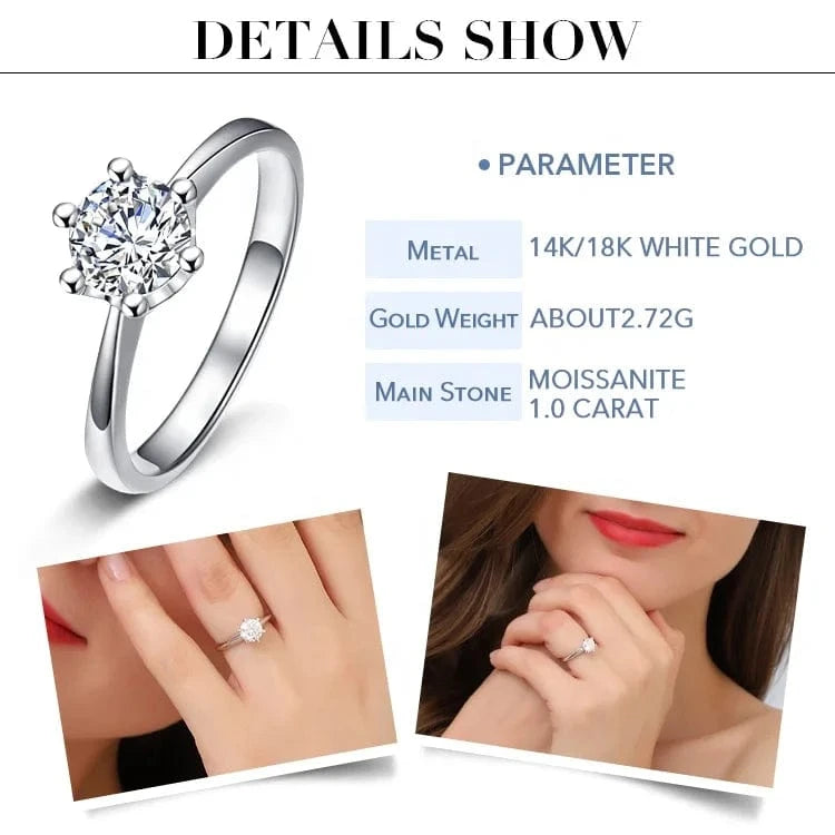 Messi Jewelry woman solitaire ring for engagement wedding ring 1ct moissanite 18k white gold ring