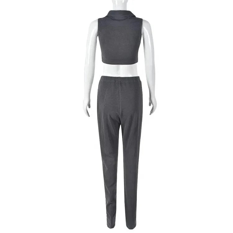 Metal Decorative Hollow Out Two Piece Set Sexy Polo Neck Sleeveless Tanks+Bodycon Pants