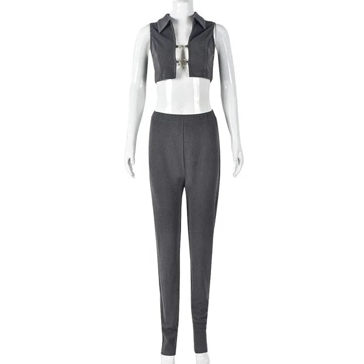 Metal Decorative Hollow Out Two Piece Set Sexy Polo Neck Sleeveless Tanks+Bodycon Pants