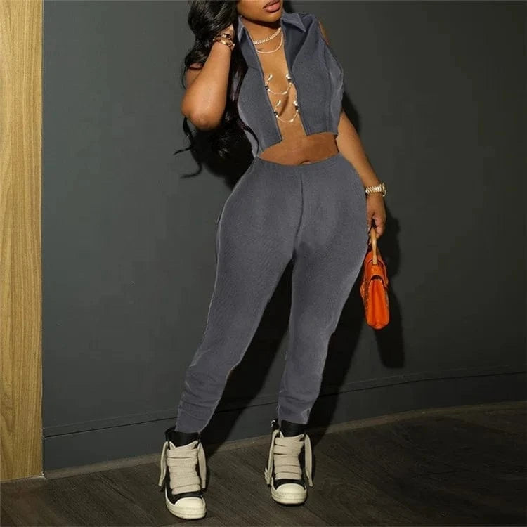 Metal Decorative Hollow Out Two Piece Set Sexy Polo Neck Sleeveless Tanks+Bodycon Pants