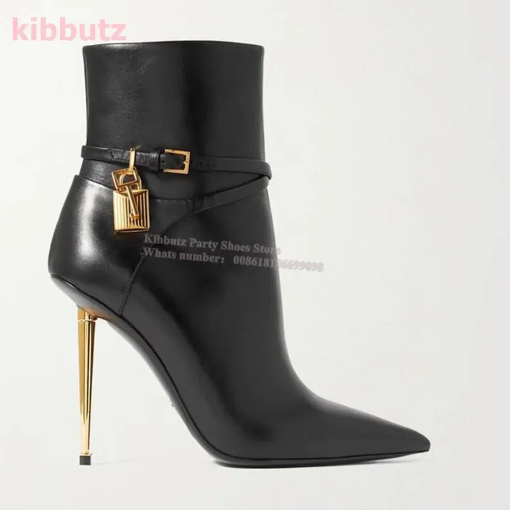 Metal Padlock Key Ankle Boots Genuine Leather Solid Color Pointed Toe Thin Heel Suede Side Zipper Fashion Runway Show Elegant - SN Wigs & More