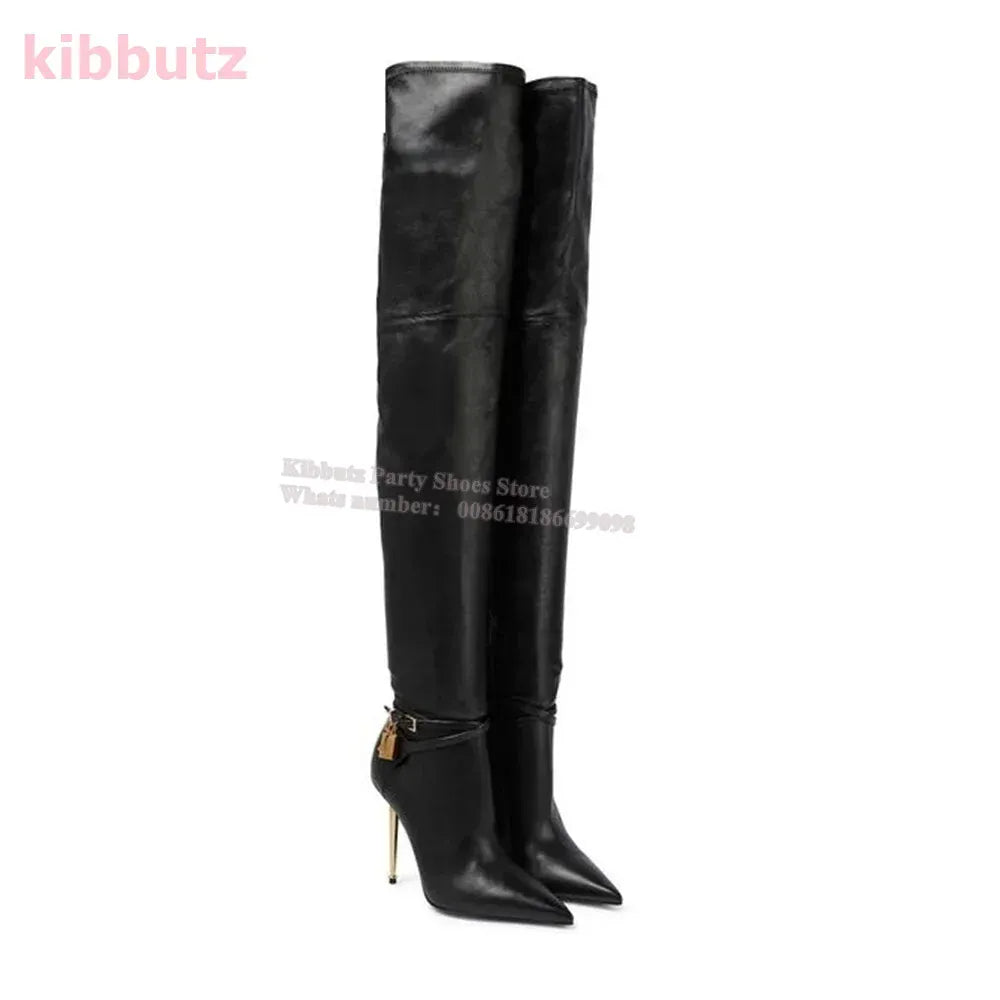Metal Padlock Key Ankle Boots Genuine Leather Solid Color Pointed Toe Thin Heel Suede Side Zipper Fashion Runway Show Elegant - SN Wigs & More