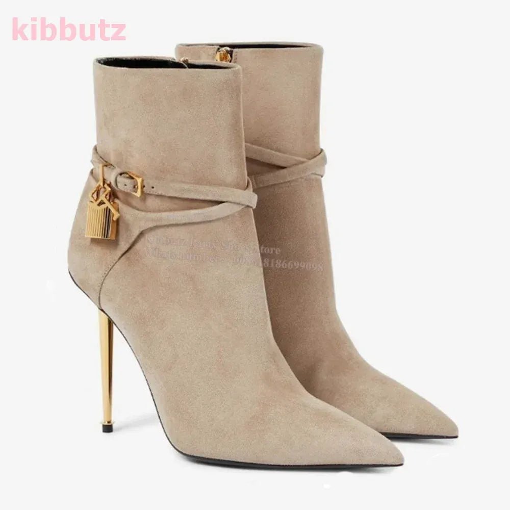 Metal Padlock Key Ankle Boots Genuine Leather Solid Color Pointed Toe Thin Heel Suede Side Zipper Fashion Runway Show Elegant - SN Wigs & More