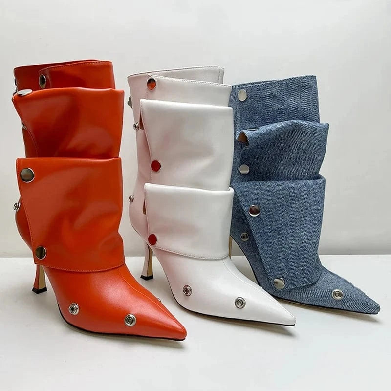 Metal Rivets Loose Pleated Upper Shoes Thin High Heels Pointed Toe Denim Ankle Boots Women's Wide Fit Short Booties