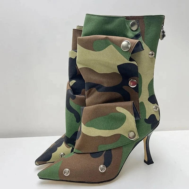 Metal Rivets Loose Pleated Upper Shoes Thin High Heels Pointed Toe Denim Ankle Boots Women's Wide Fit Short Booties