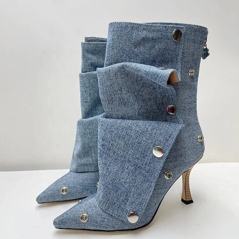 Metal Rivets Loose Pleated Upper Shoes Thin High Heels Pointed Toe Denim Ankle Boots Women's Wide Fit Short Booties